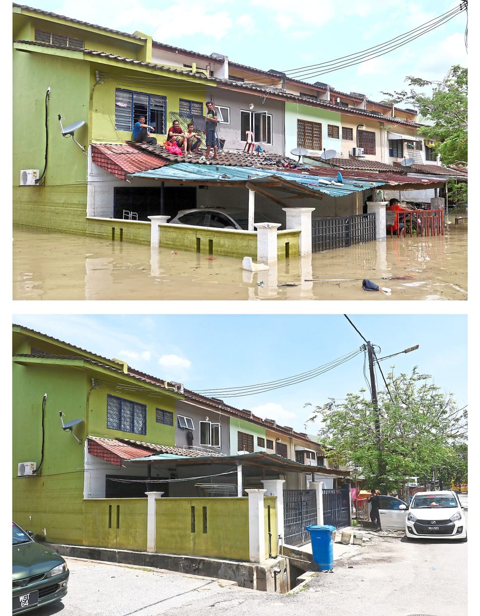 A submerged home in Taman Sri Muda during the floods in 2021 (top) and several months after the incident.