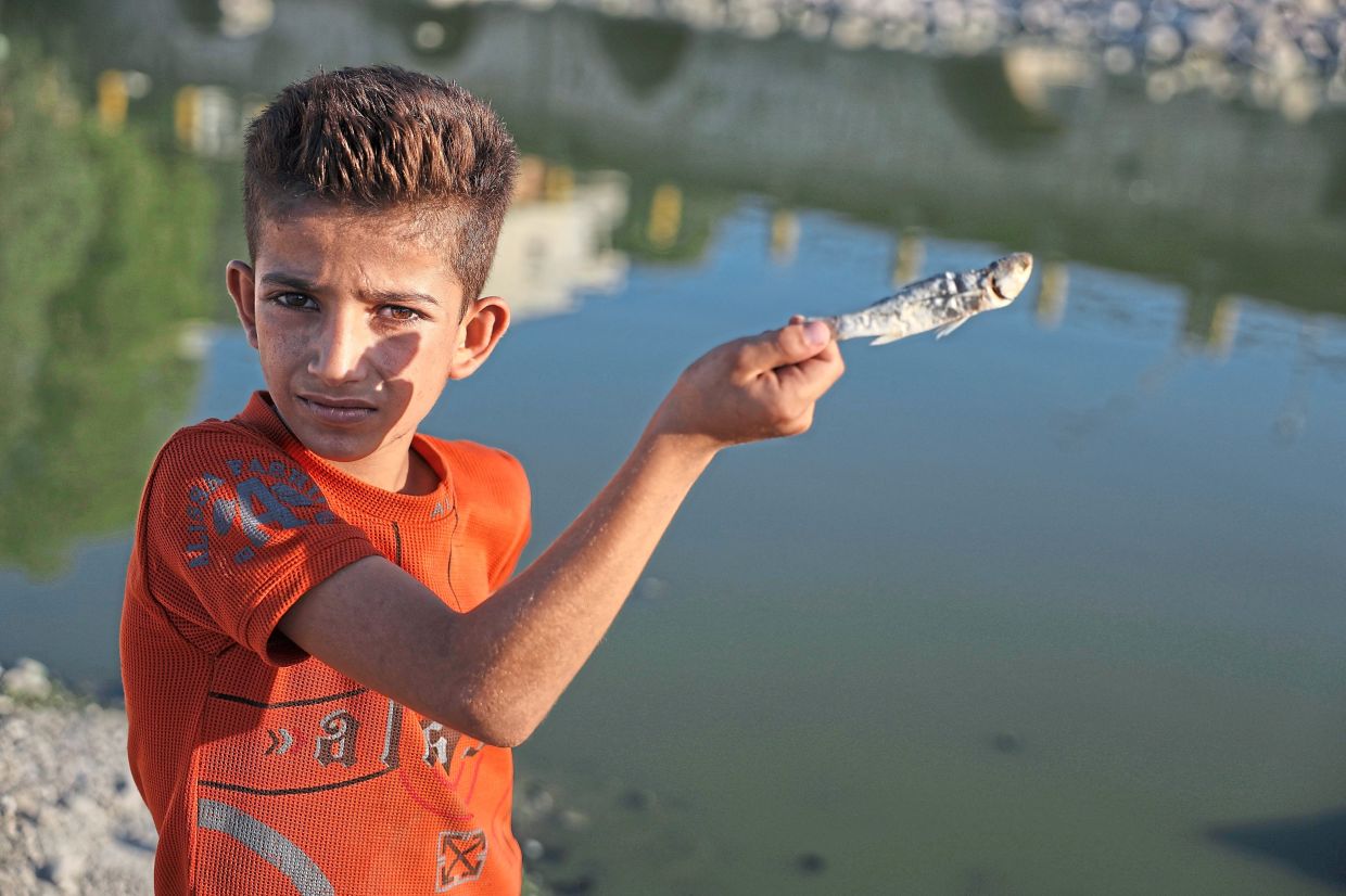 A Syrian boy holding a dead fish in the dried up Orontes River in Jisr al-Shughur, west of Idlib. — AP