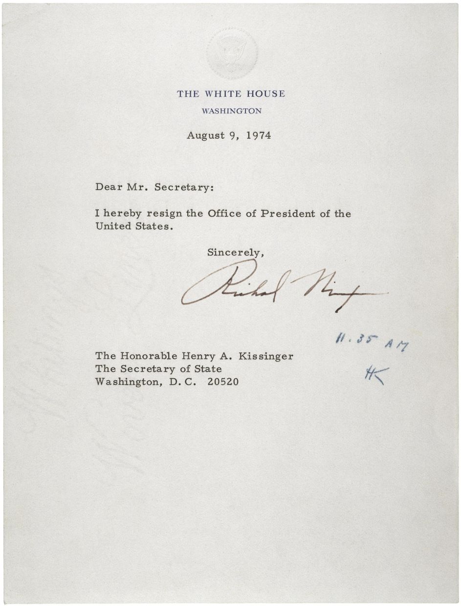 Nixon's resignation letter on Aug 9, 1974. Pursuant to federal law, the letter was addressed to Secretary of State Henry Kissinger. — White House Press Office