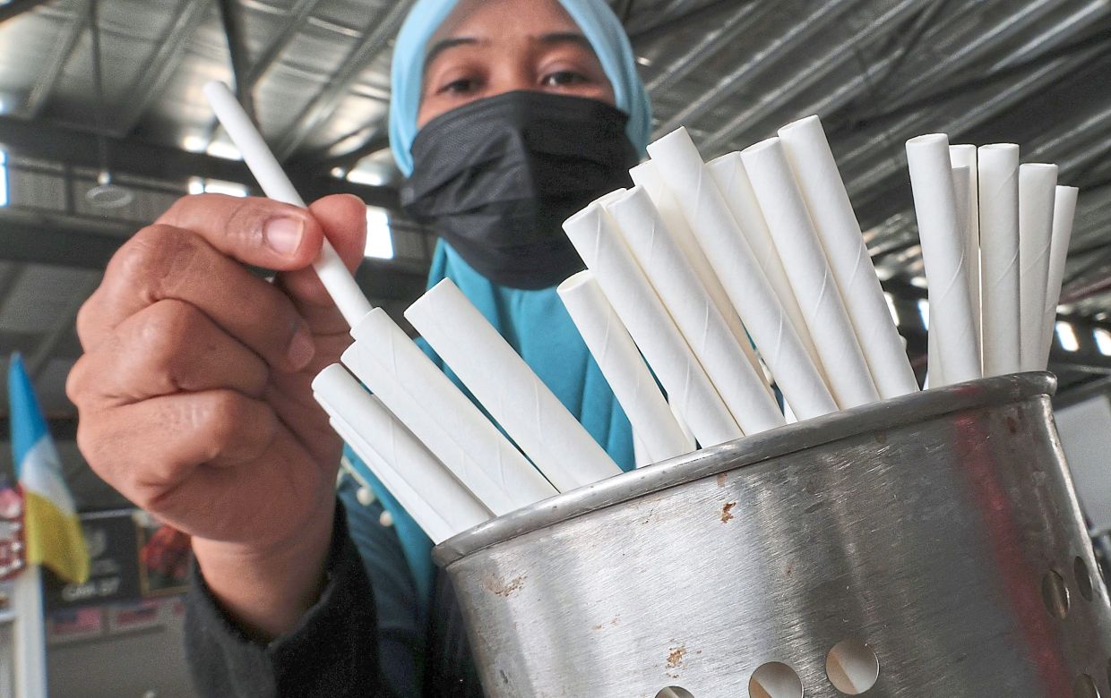 A worker arranging paper straws at Seberang Jaya food court. Shoppers bringing their own bags to a supermarket in George Town, Penang following the plastic bag ban at all supermarkets, malls, pharmacies, hypermarkets and retailers from Sept 1. — Photos: CHAN BOON KAI and ZHAFARAN NASIB/The Star