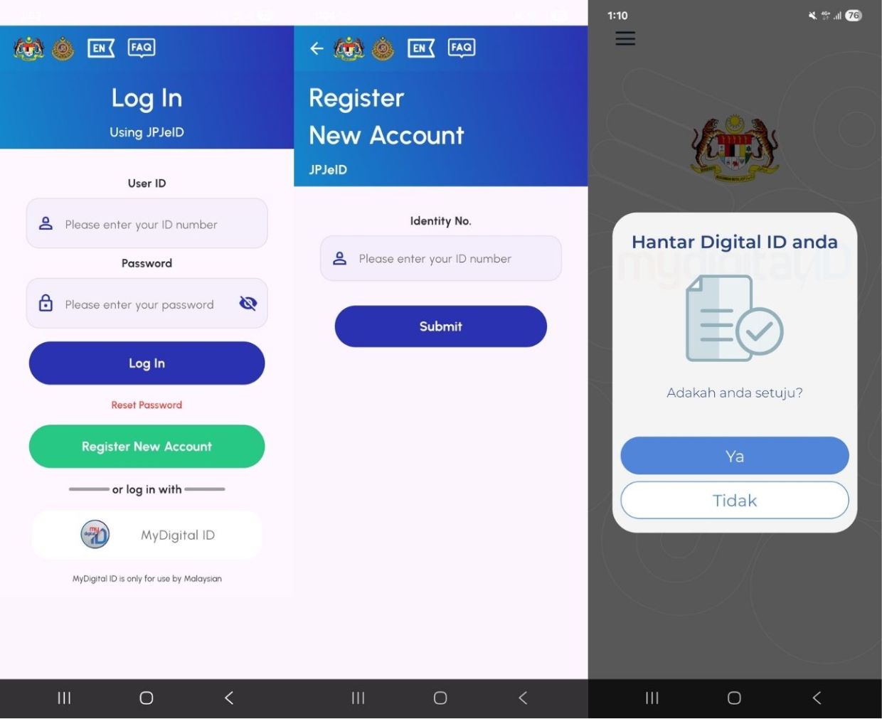 When logging in to the newly created account, simply input the MyKad number and password that the account was registered with on the login screen.