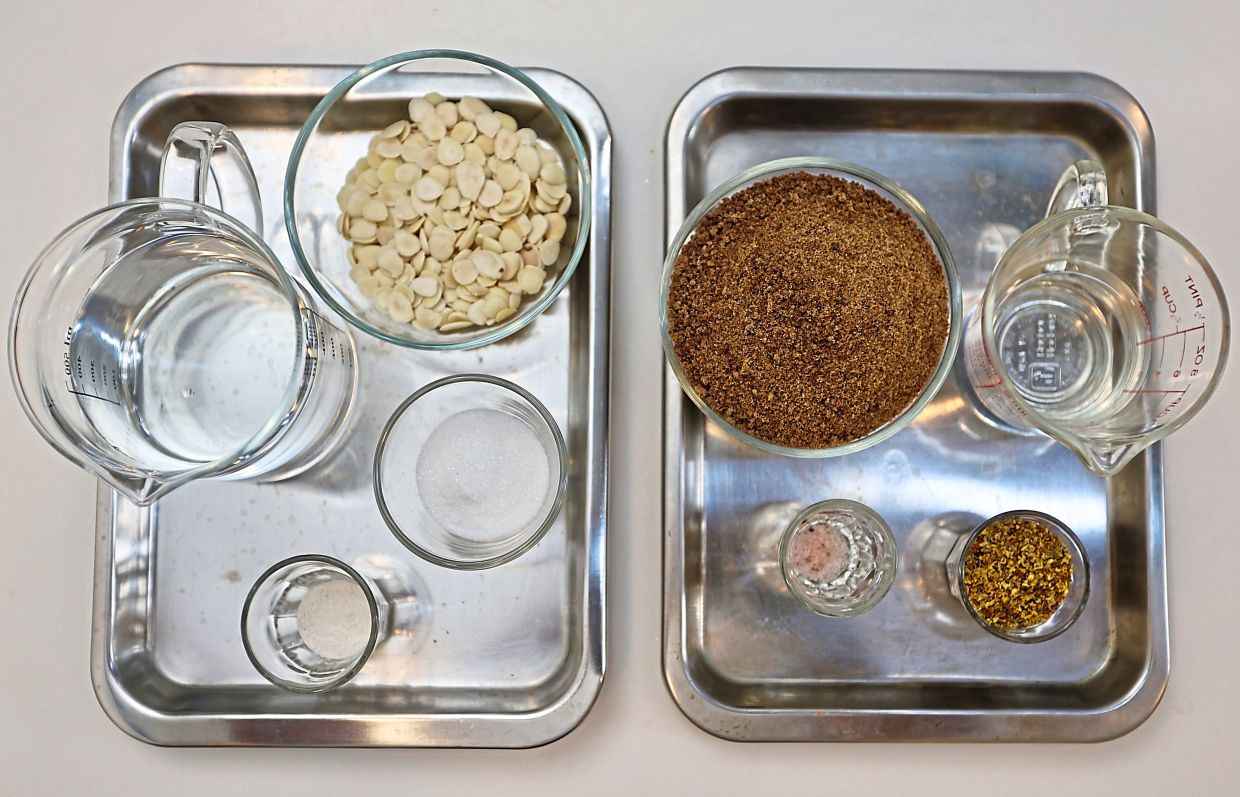 Bitter almonds may be substituted with blanched sweet almonds (top left).