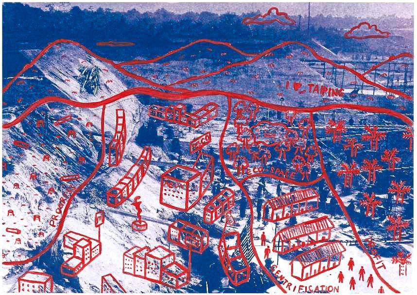 A close-up of Anas’ 2025 acrylic and digital print on paper, 'Landscape Of Contradiction: I Love Taiping'. Photo: Harta Space