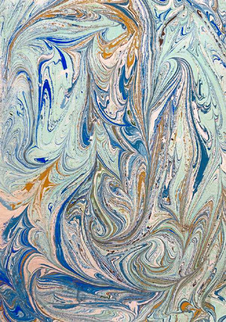 Van Klang’s 'Water Bodies' turns drifting pigments on water into intricate marbled patterns. Photo: Harta Space