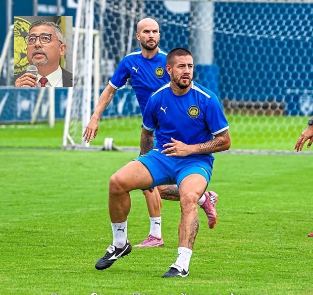 Sweating it out: Rodrigo Holgado (front) and Joao Figueiredo at a training session in Johor. Inset: Datuk Noor Azman Rahman. — FAM