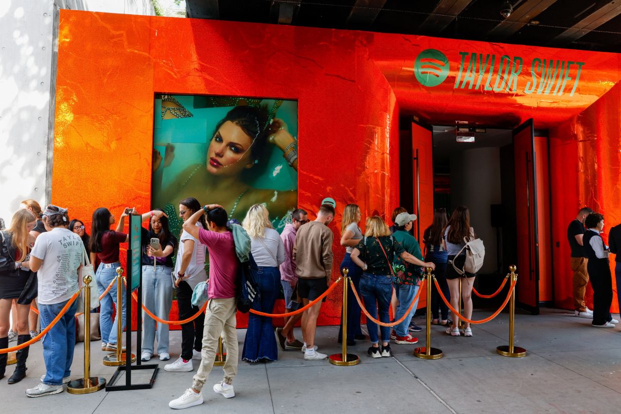 People wait to enter a Spotify pop-up event for Taylor Swift’s album 'The Life Of A Showgirl' in New York City on Sept 30, 2025. Photo: Reuters