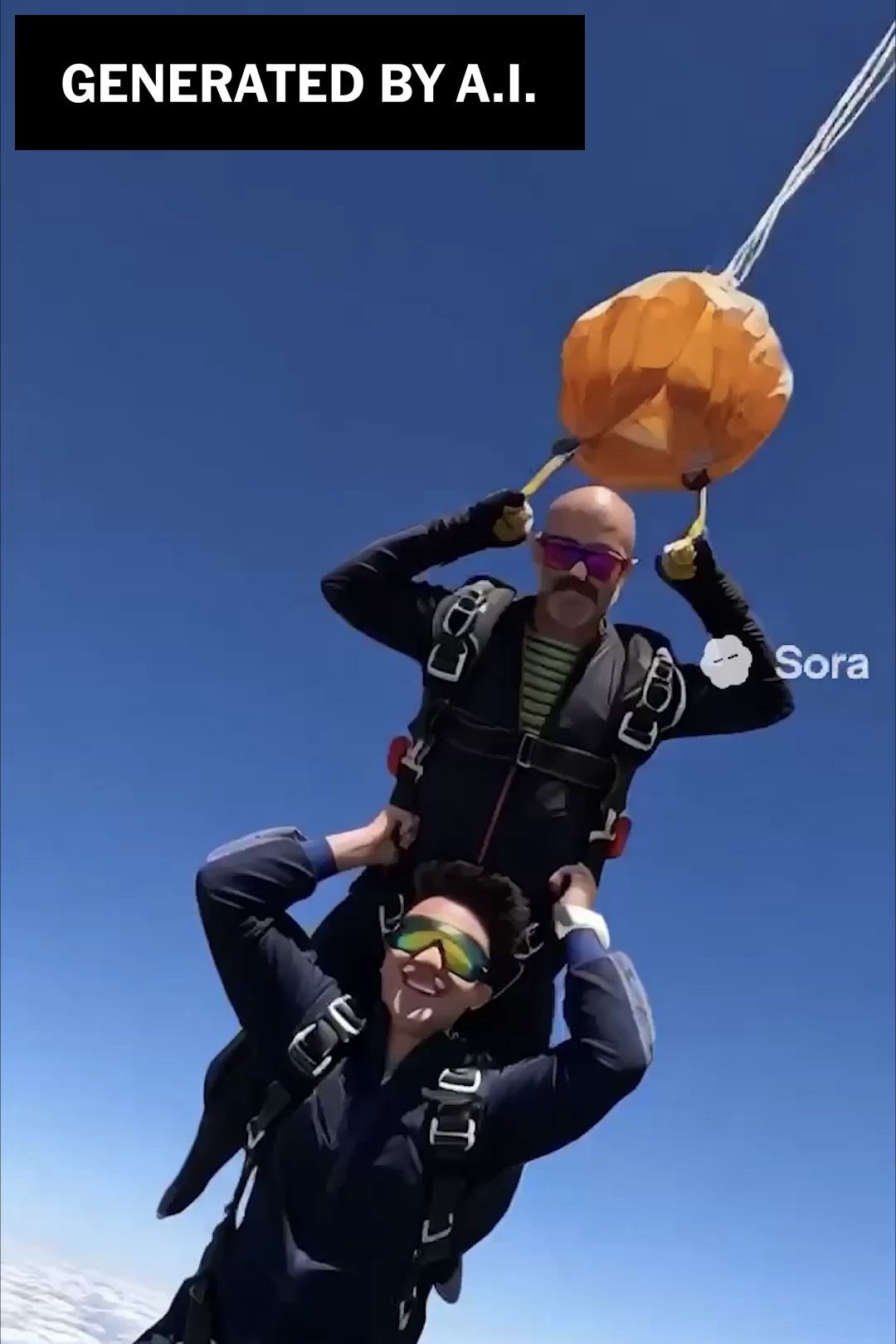 A handout still image taken from video generated by Sora app depicts two New York Times journalists skydiving (and grinning) with pizzas as parachutes. — The New York Times