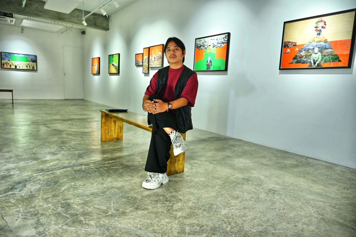Zulkefli’s solo exhibition '$omeone, $omething, $omewhere' at Galeri Sasha, Kuala Lumpur, presents 12 collage works alongside an installation and video pieces. Photo: The Star/Raja Faisal Hishan 