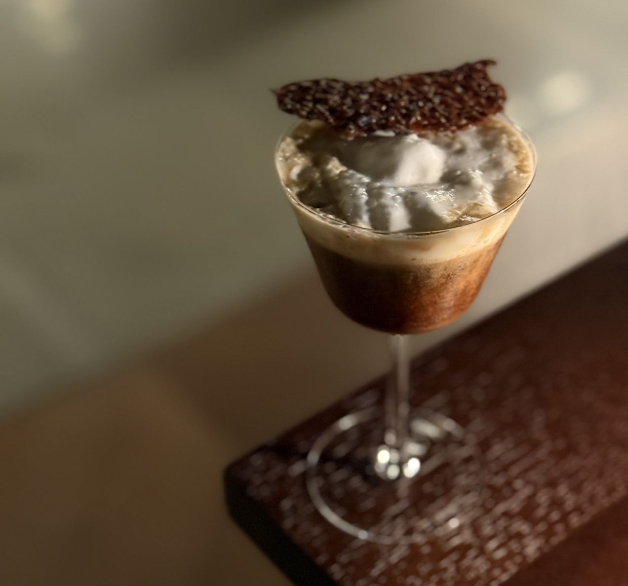 The most spirit-forward cocktail on the menu is an espresso martini twist called the Cacao Coffee Martini.