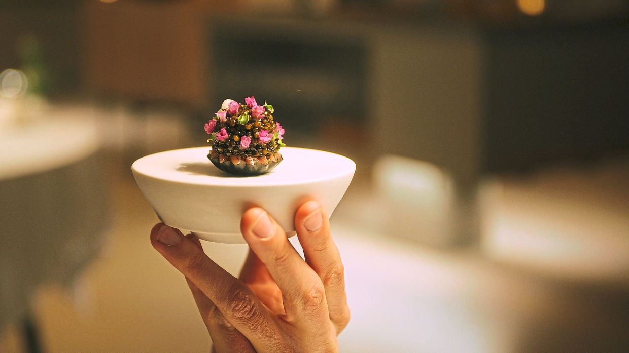 A bluefin tuna otoro tartlet served at Restaurant Jordnaer in Copenhagen. Photo: Handout