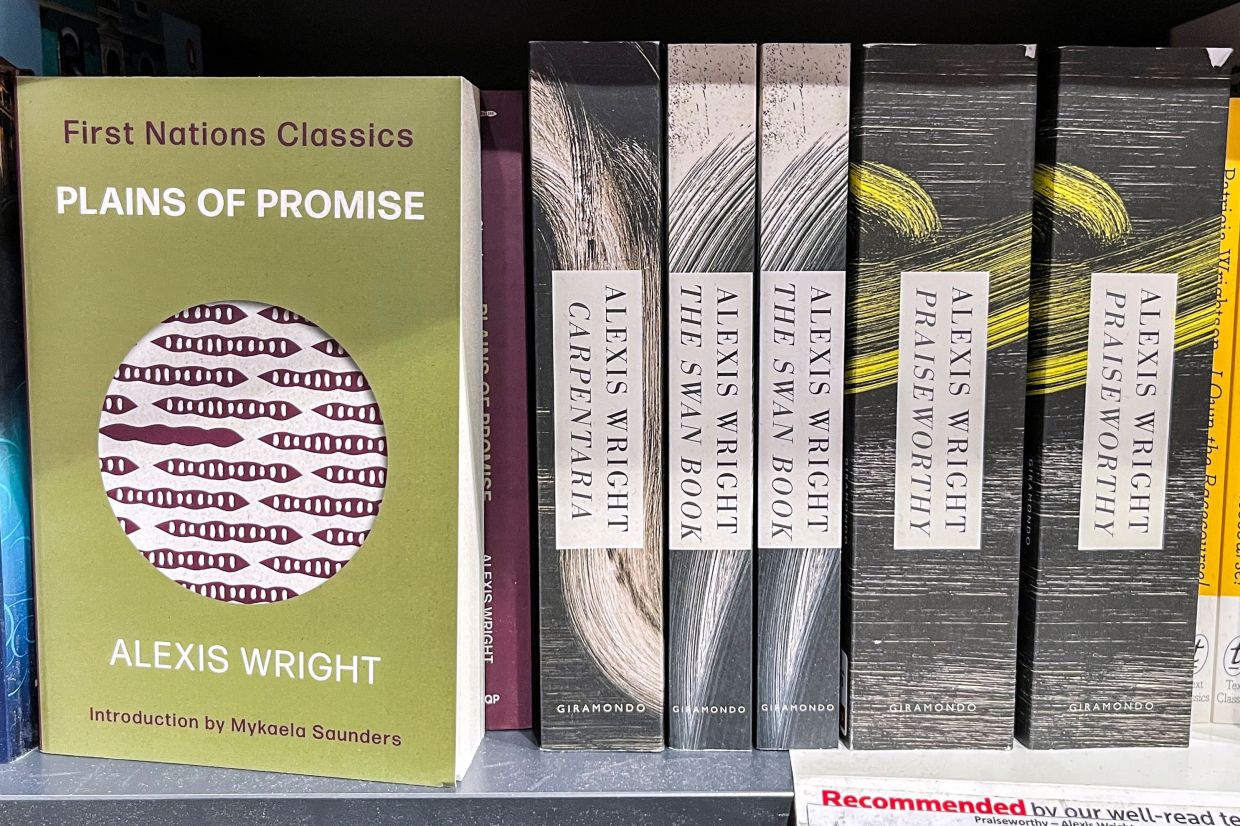 Books by Australian novelist Wright are displayed at a Sydney bookstore. He is nominated for the Nobel Prize in Literature, to be announced Oct 9. Photo: AFP 