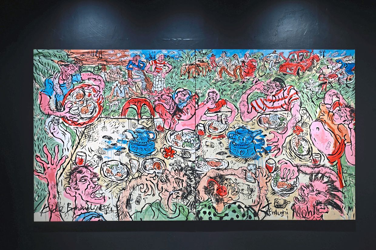 Kide’s Kendughi Moh!, an acrylic on canvas diptych (2025), which is the largest work in his new exhibition Mato-Mata at Galeri Puteh’ in Kuala Lumpur.