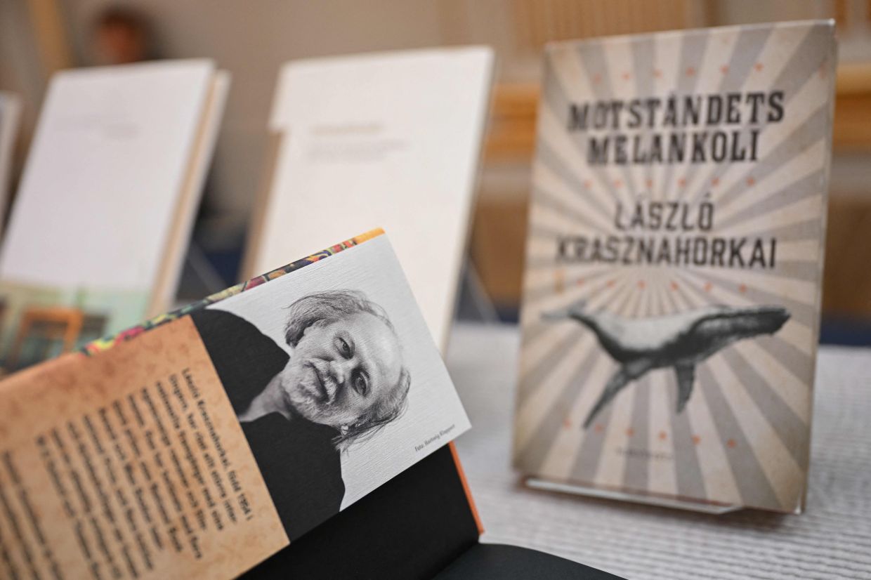 Krasznahorkai's books are on display at the Swedish Academy in Stockholm. Photo: AFP