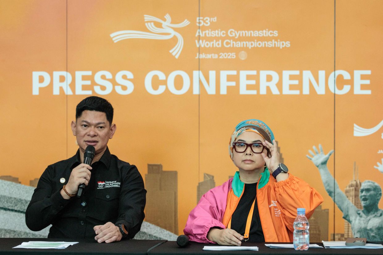 Indonesian Gymnastics Federation president Ita Yuliati (right) and Indonesian Olympic Committee president Raja Sapta Oktohari attend a press conference ahead of the 53rd Artistic Gymnastics World Championships at Indonesia Arena in Jakarta on October 10, 2025. Indonesia will not issue visas to Israeli athletes for the upcoming world artistic gymnastics championships in Jakarta, a minister said on October 9, citing the nation's support for Palestinians. -- Photo by Yasuyoshi CHIBA / AFP