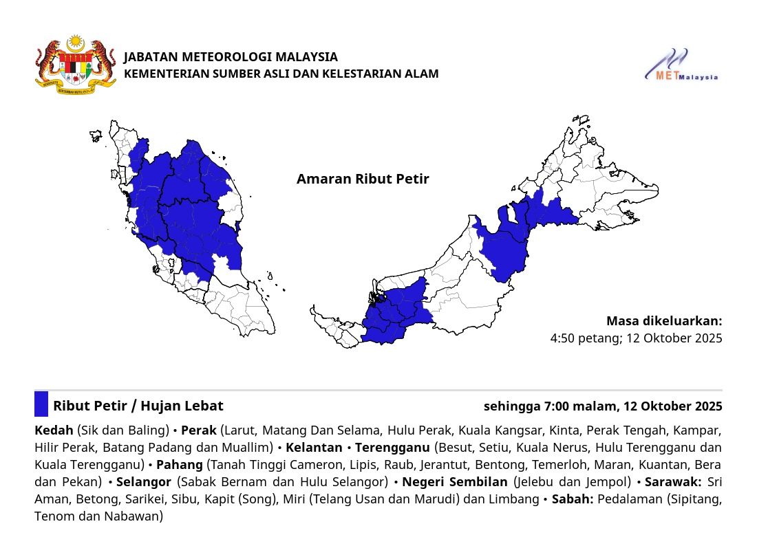 MetMalaysia warns of thunderstorms in several states until 7pm (Oct 12) 1 3566691