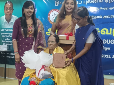 The writer's mother Sakunthala Kanapathipillai (seated) and her former students who attended her book launching ceremony in May 2025. — Photos: RUBINI SIVAPATHASUNDRAM