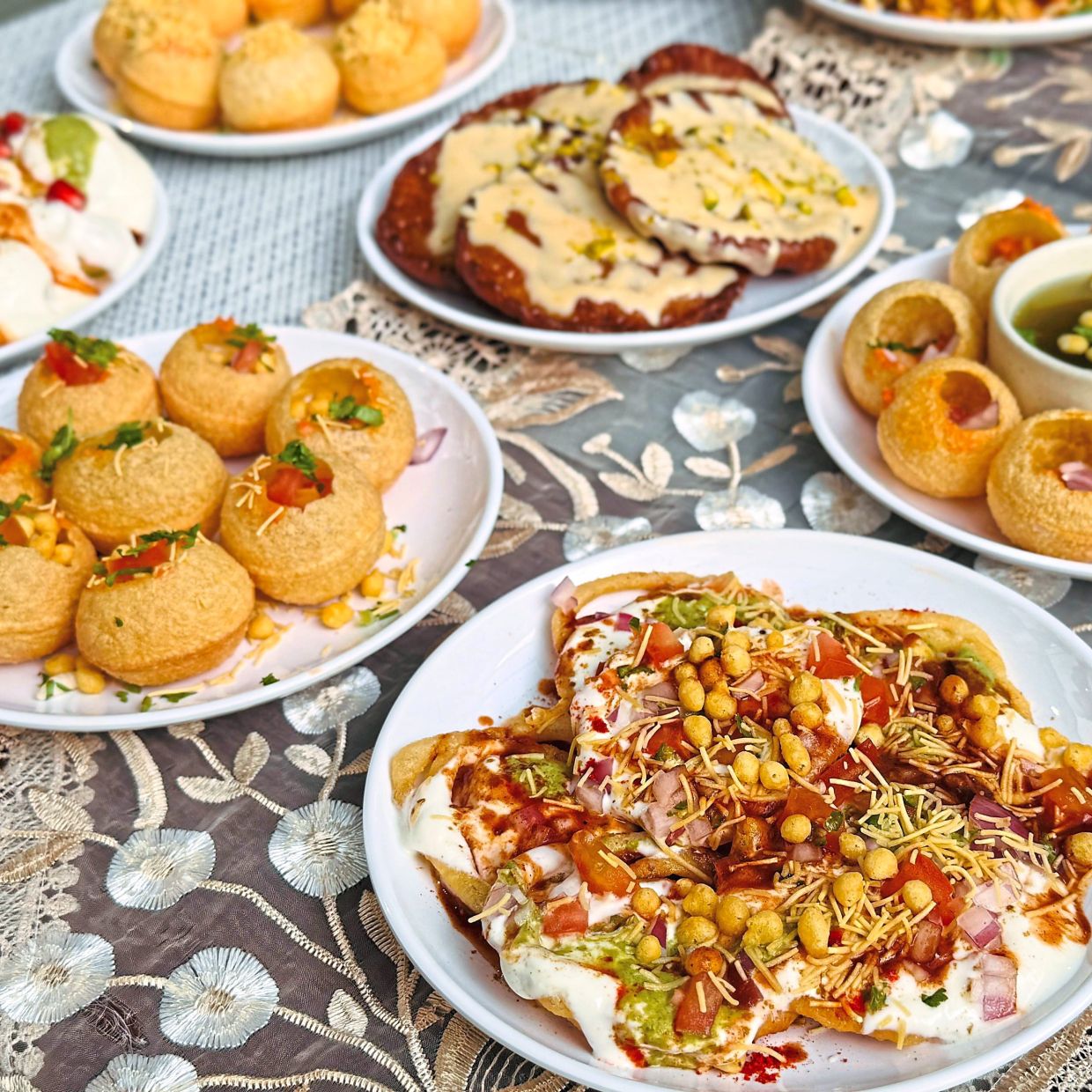 The buffet features chaats, grilled items, soups, rice, dishes, grilled fare as well as a wide selection of desserts.