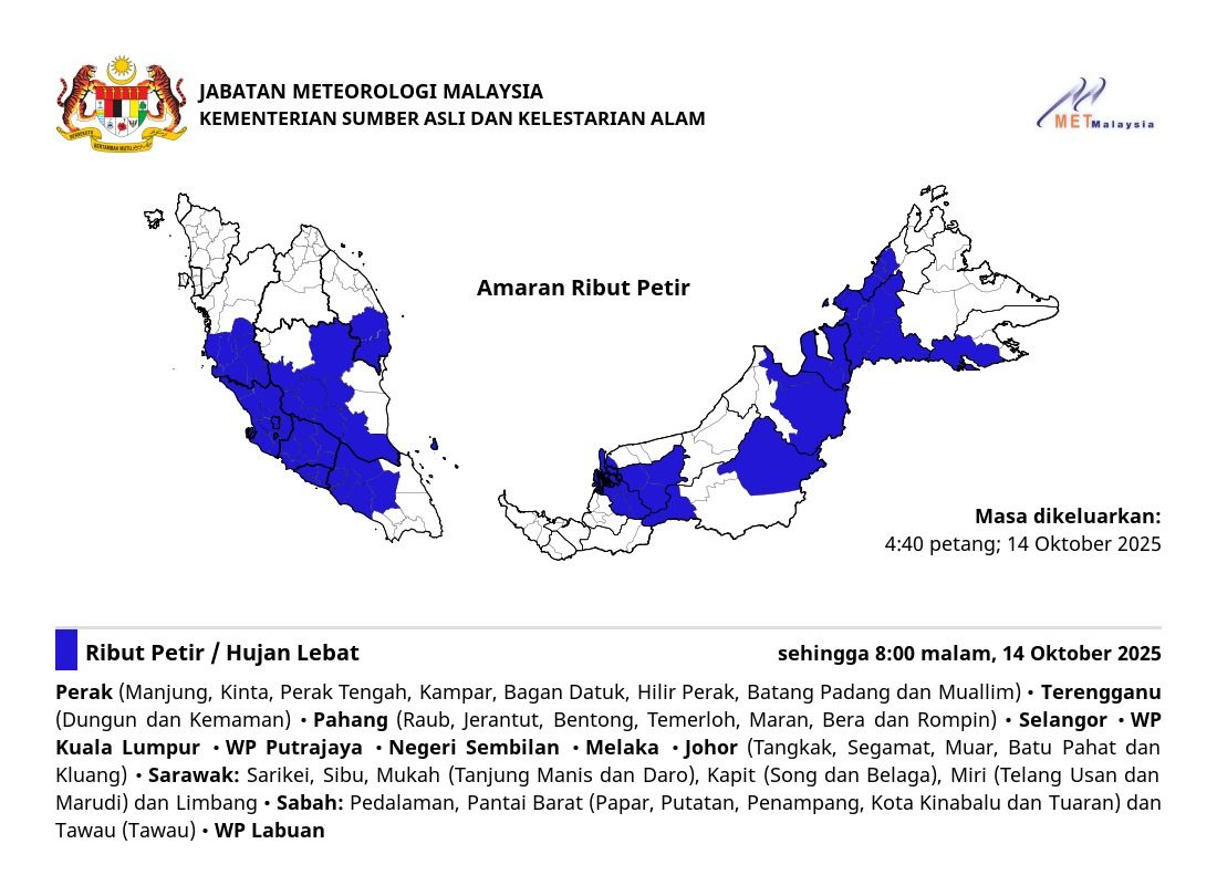 MetMalaysia warns of thunderstorms in several states until 8pm (Oct 14)