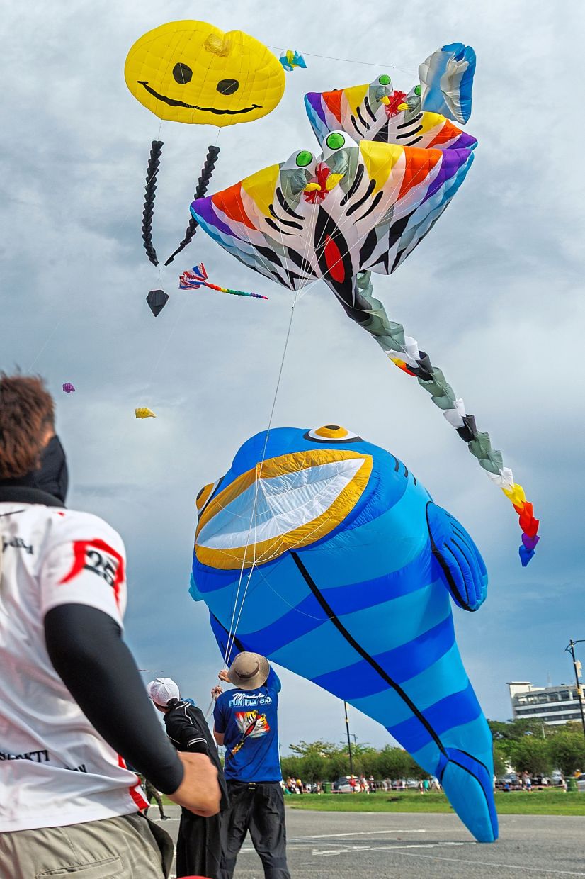 The manta ray kite joining other colourful shapes in the sky.