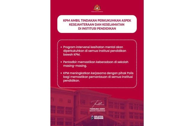 Mental health and safety measures to be strengthened in schools, says Fadhlina
