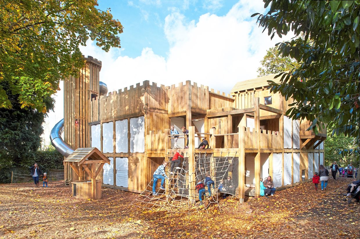 The castle-shaped play structure at Hever Castle in Kent is packed with obstacles for young adventurers to negotiate. — Hever Castle & Gardens