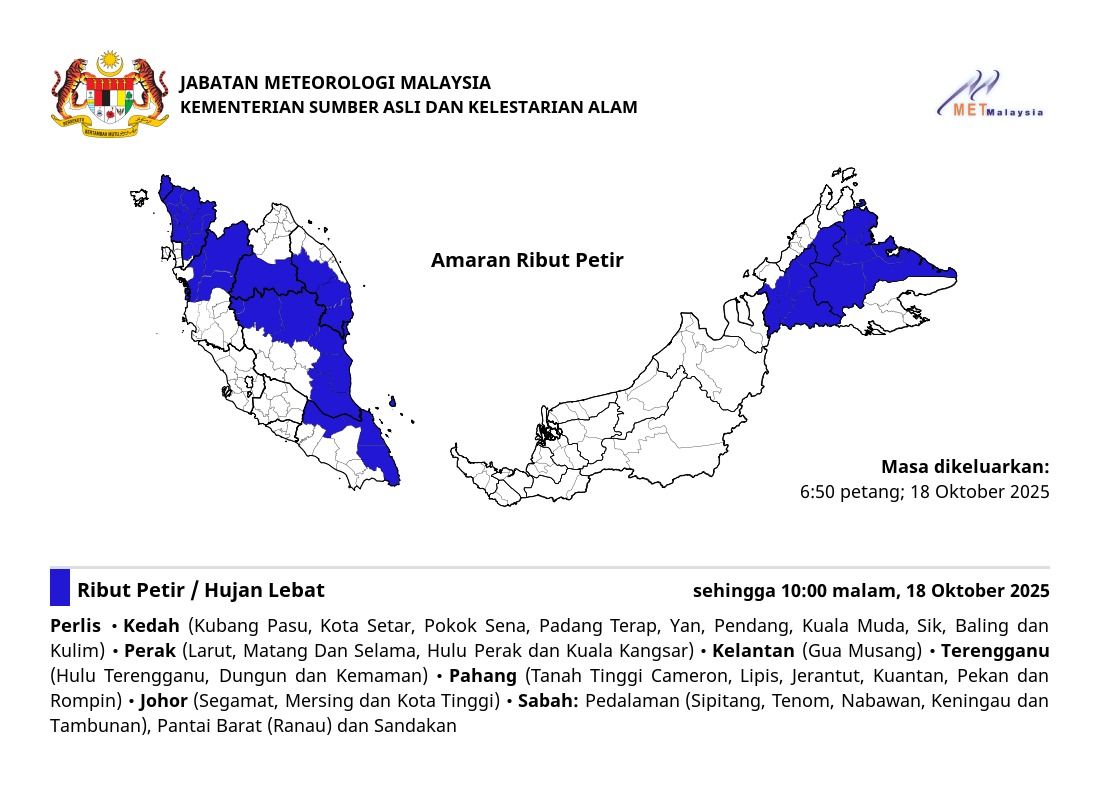 MetMalaysia warns of thunderstorms in several states until 10pm (Oct 18)