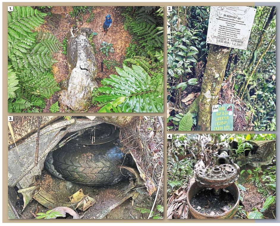 1) Viewed from the ridge above, the remains of the aircraft lie where they fell in 1945 – weathered, but unmoved.2)A small plaque nailed to a tree marks the spot where the plane had crashed. No monument, no ceremony - just names and numbers, eight airmen remembered where their flight ended.3)A tyre from the Liberator still sits wedged in the wreck, preserved by the damp earth and the slow patience of the jungle.4)Remnants of the aircraft’s engine rest in the undergrowth, rusting in silence.