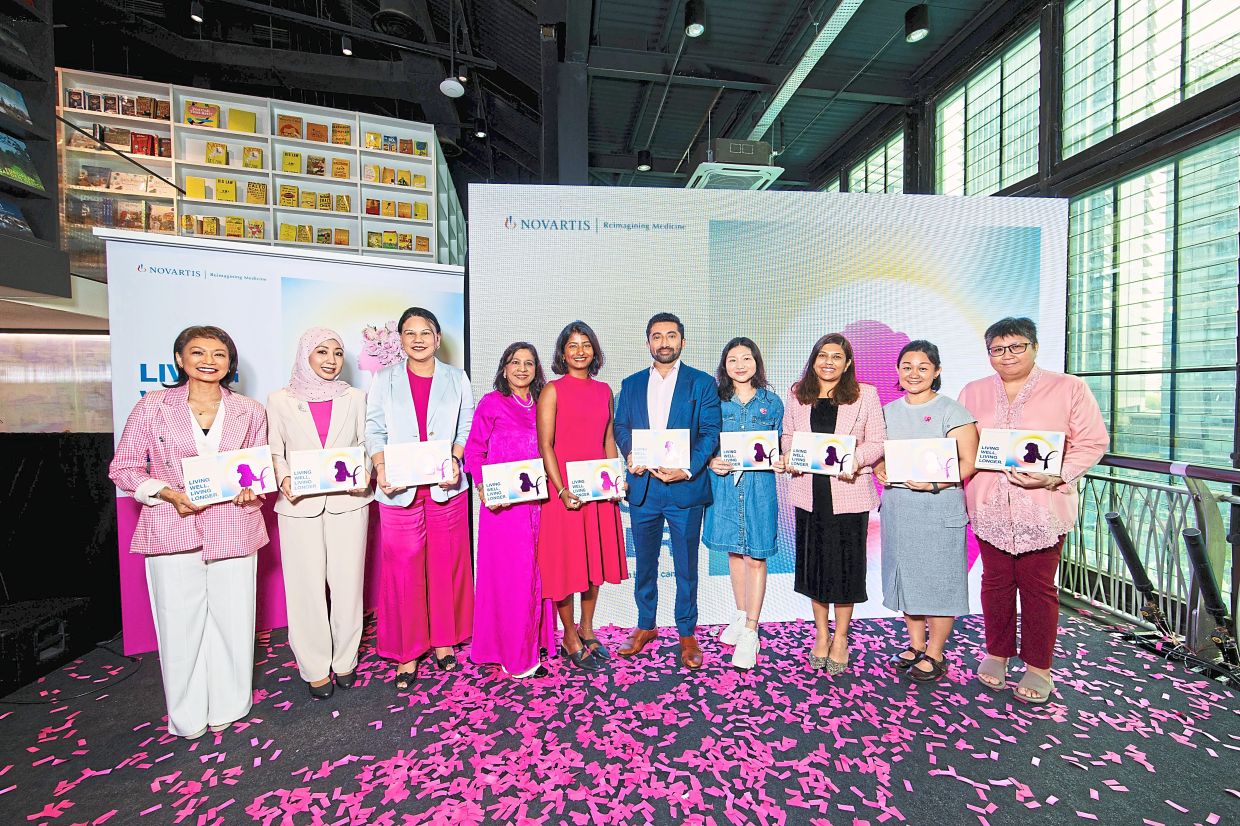 Book contributors and collaborators include (from left) Malaysian singer and breast cancer advocate Atilia Haron, National Cancer Institute clinical oncologist Dr Noor Nabila Mohd, Dr Mastura, Pink Unity president Mahani Kassim, NCSM Guided Patient Support programme coordinator Dr Suwarna Laxshmi Ramanathan, Sanjeev, Lim, Dr Vignesvari, BCWA secretary Liew Swee Lee and breast cancer survivor Grace Tam.