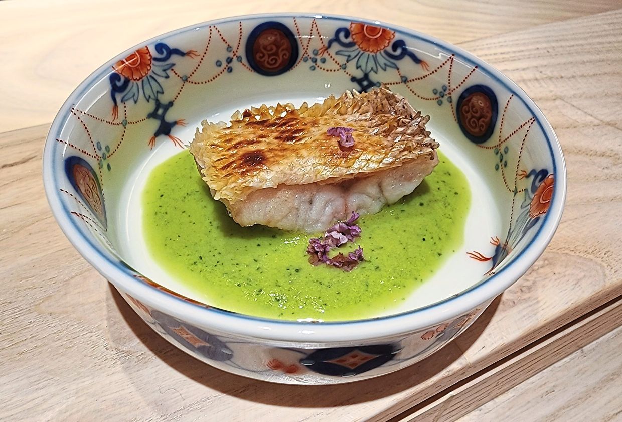 The meal starts off with grilled white tilefish juxtaposed against a refreshing cucumber soup.