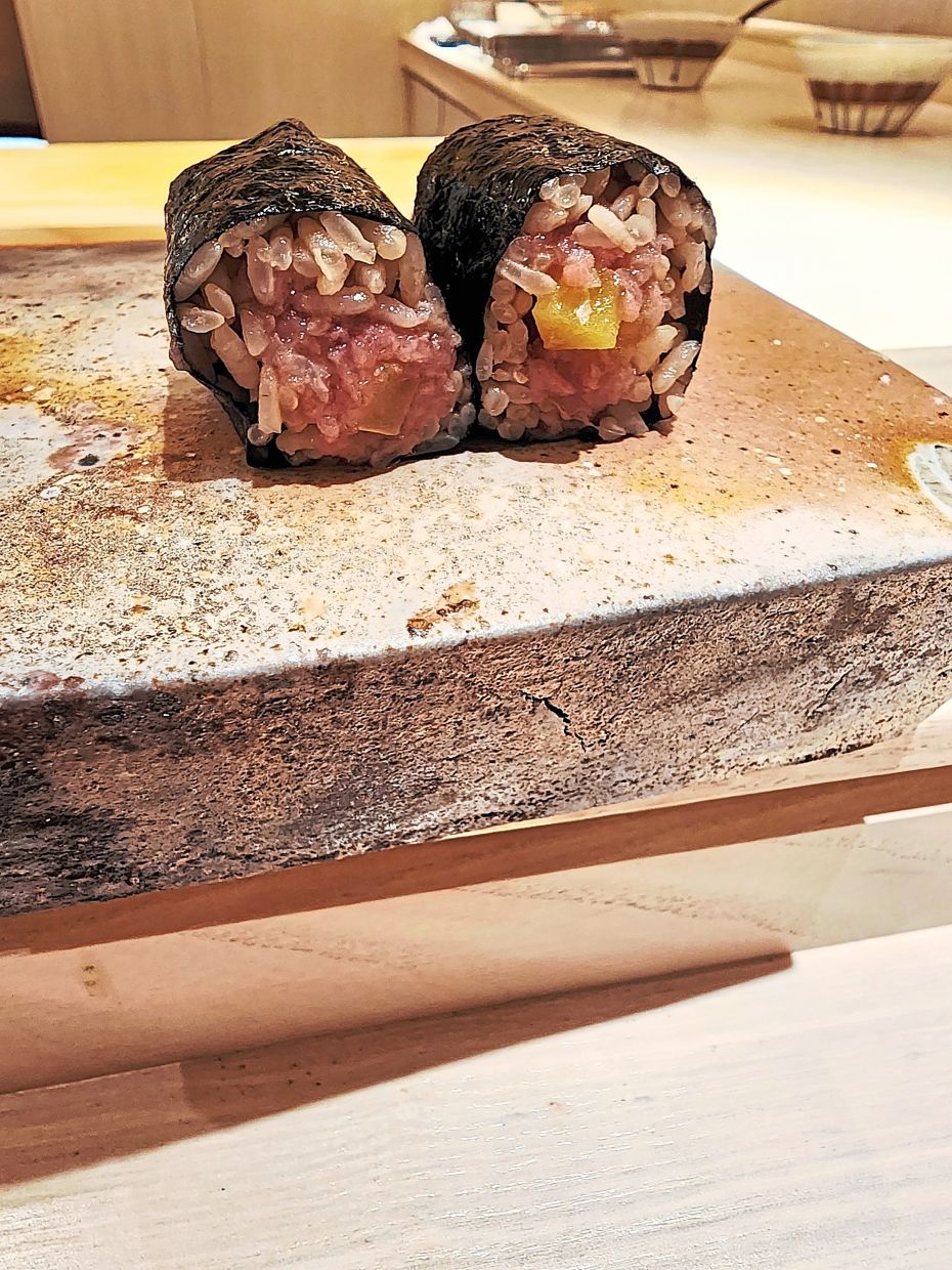 Made up of a mixture of fatty, medium fatty and lean bluefun tuna, the fatty tuna roll sushi is a textural triumph. — ABIRAMI DURAI/The Star