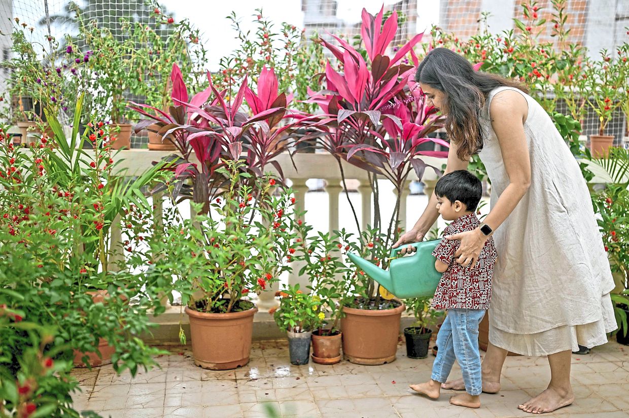 Natasha watering plants with her son at the terrace garden of their home. Photo: AFP