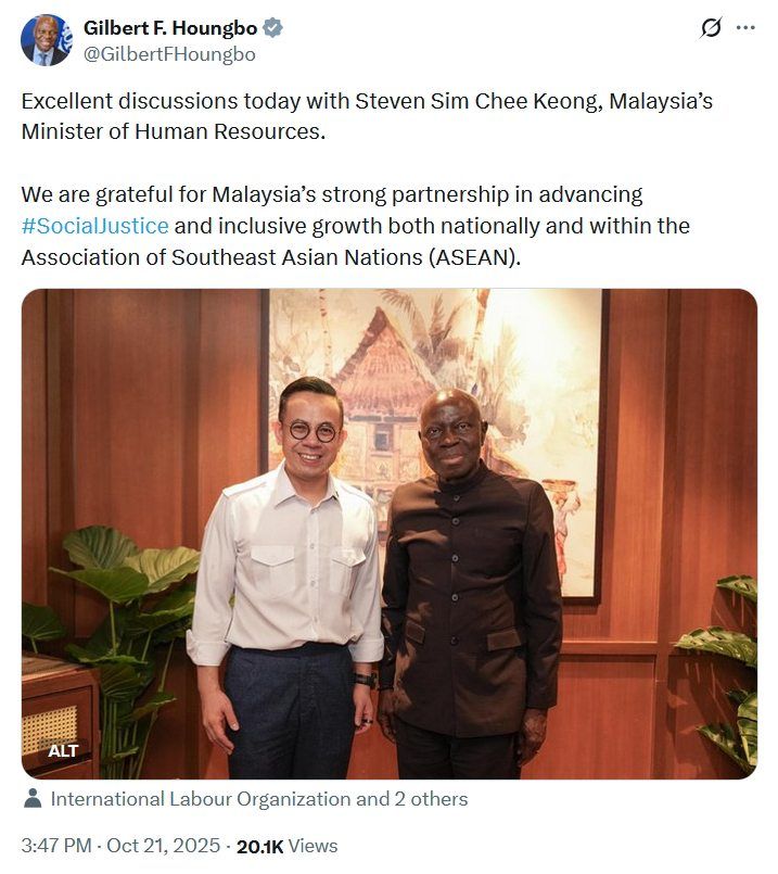 X (previously Twitter) posting by Houngbo the nation advancing social justice and inclusivity. 