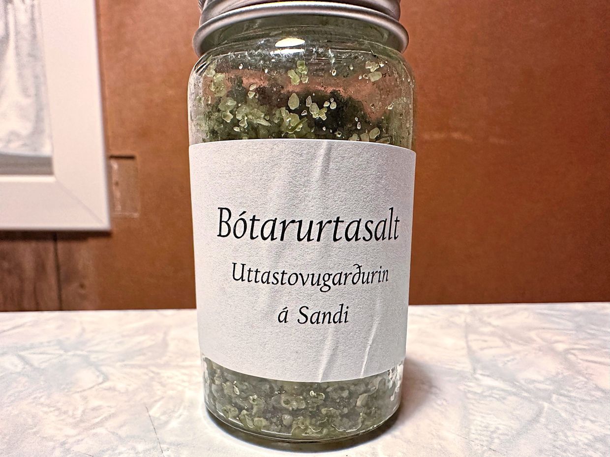 A glass of locally produced herbed salt is on display in Torshavn, Faroe Islands, Sept. 7, 2025. (AP Photo/Cara Anna)