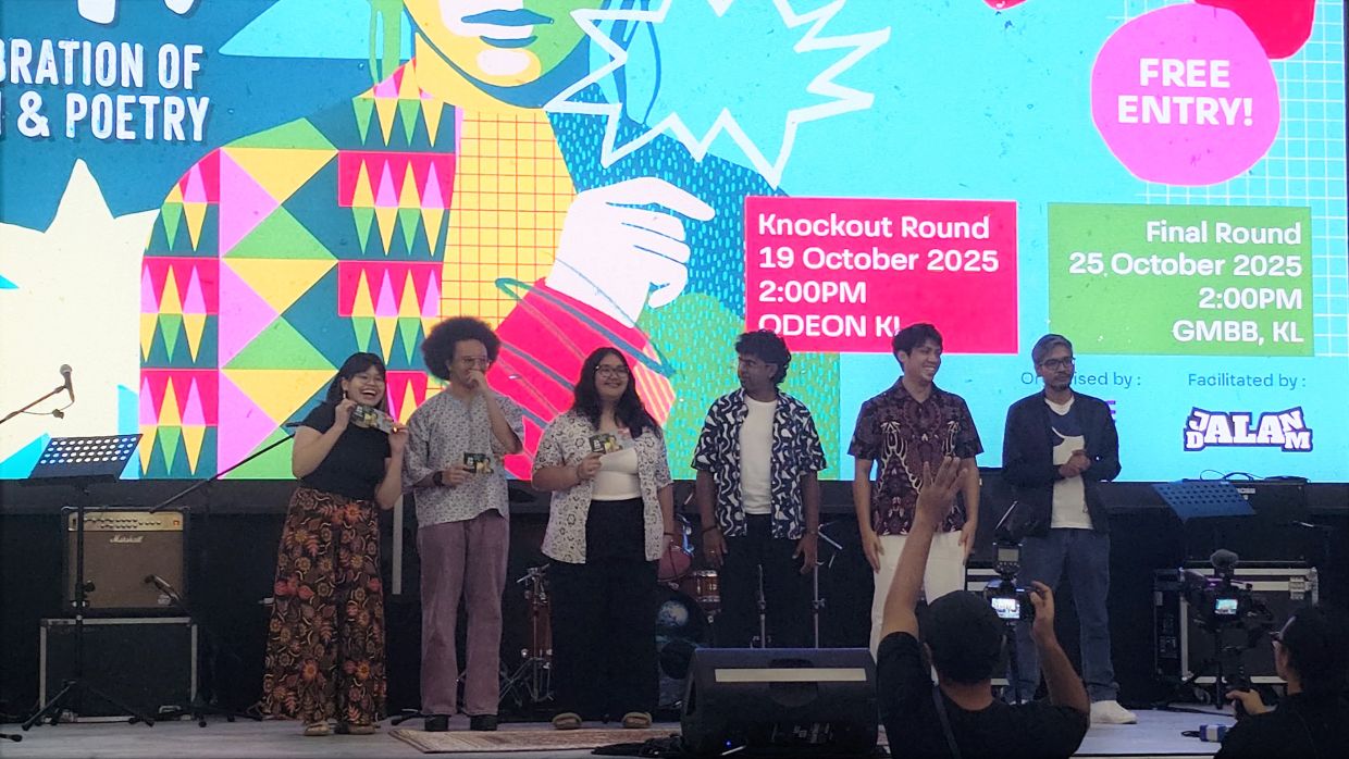 The six finalists of the SEA Slam - from left - are Lim, Aliff, Adeena, Yogan, Ameerul and Shafiq. Photo: Handout