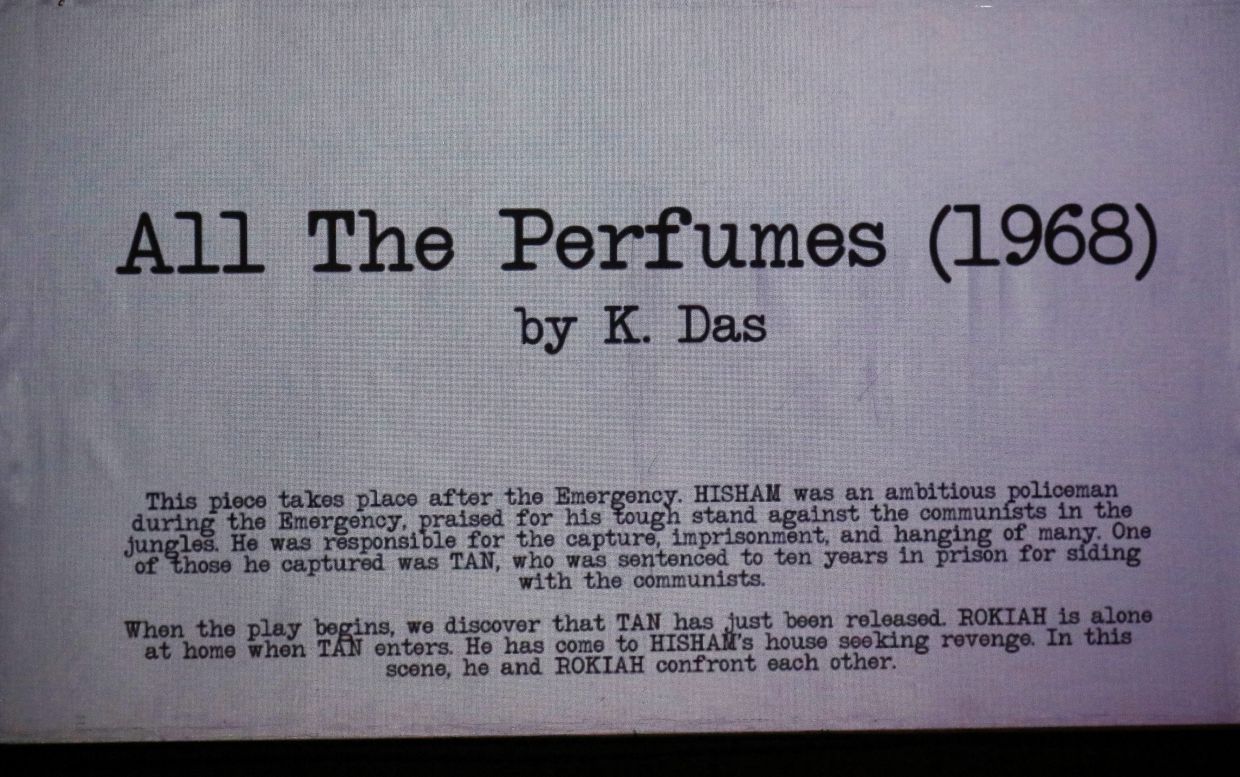 A screen shot of 'All The Perfumes', a lost play written in 1968 by K. Das. It was discovered in a box by his daughter Jo Kukathas. Photo: The Star/Azlina Abdullah