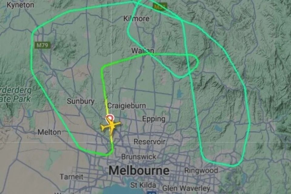 The aircraft took off at about 4.35pm local time and circled around the north of Melbourne before heading back to Melbourne Airport. - Photo: SCREENGRAB FROM FLIGHTRADAR24