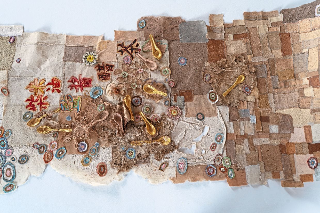 Cheng's 'Salt Of The Land' (2020–2025), made with hand-dyed mulberry and banana stem papers, thread, ramie, colour pencils, and gold leaf. Photo: Wei-Ling Gallery/Kamarudin Diran