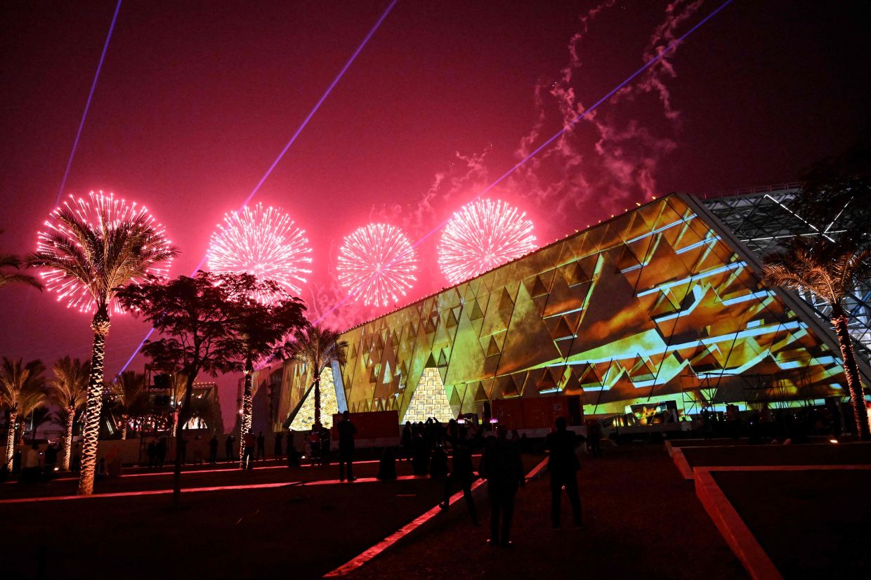 Fireworks light up the sky during the opening ceremony of the Grand Egyptian Museum in Giza on Nov 1. Photo: AFP