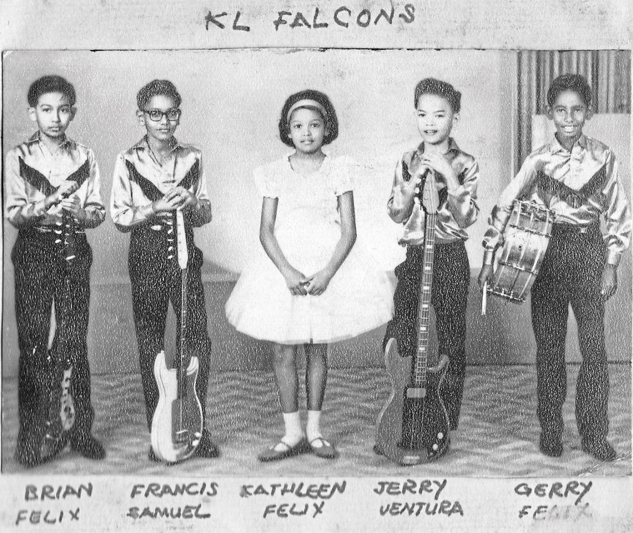 Two of the guitars in this early Falcons photo were handmade by Jerry’s dad Patrick Felix. The band at the time was known as the KL Falcons and also featured Kathleen Felix. — Photos: The Falcons/Facebook