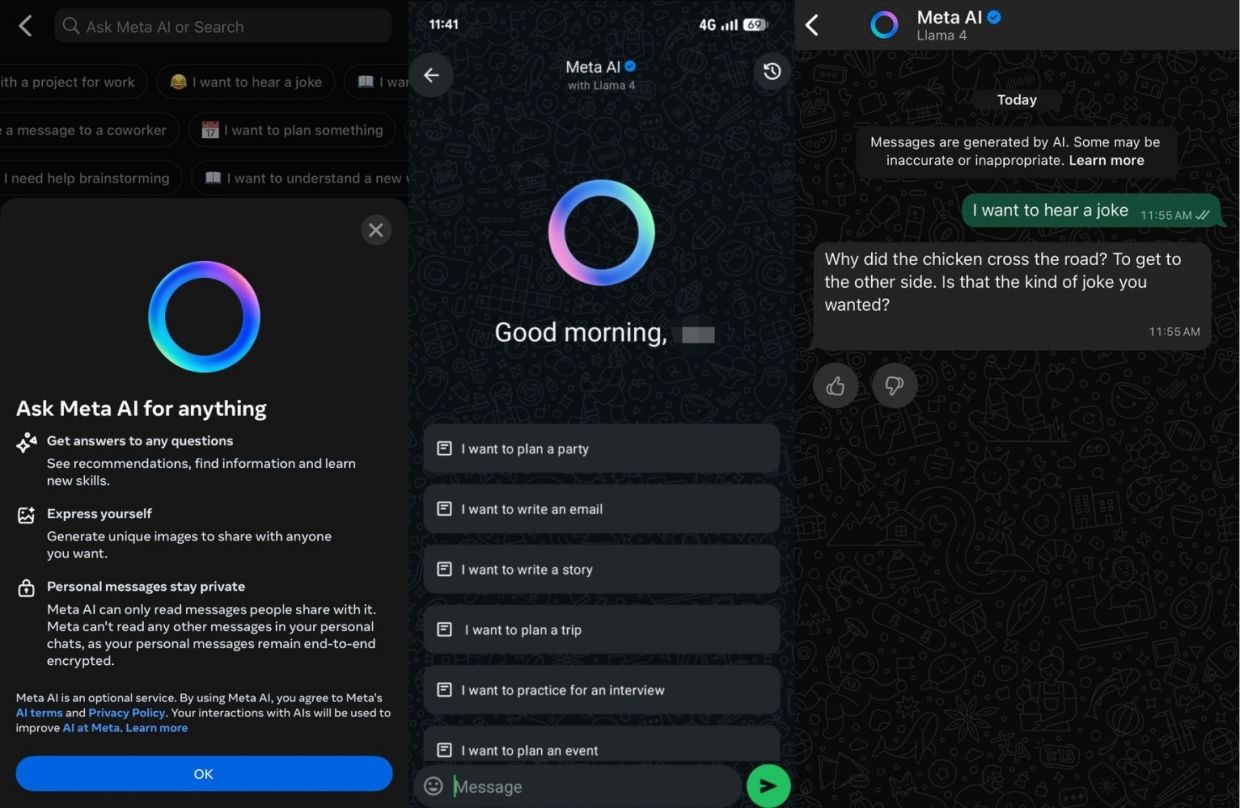 Users with access will be able to ask questions and generate images using Meta AI in WhatsApp chats. — Screenshots from WhatsApp