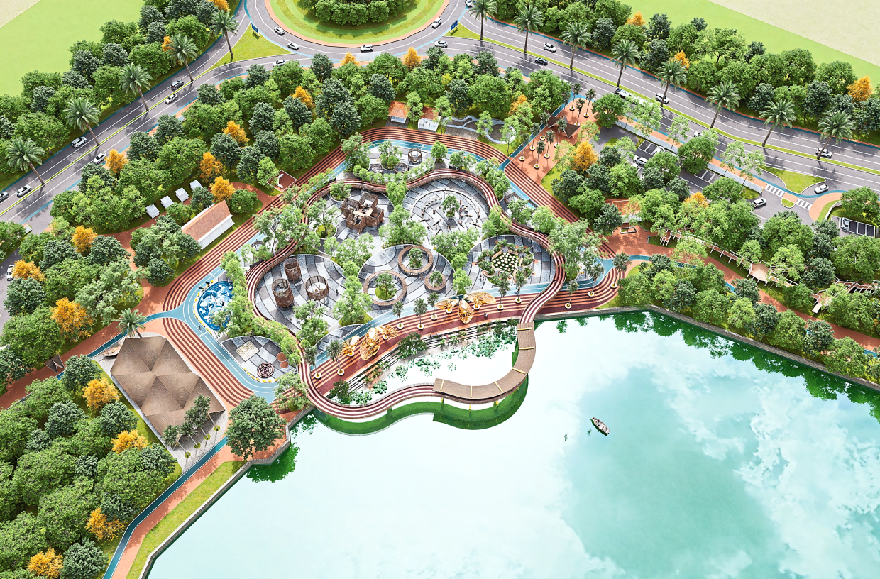 Aerial view of a playground concept which looks like a flower.