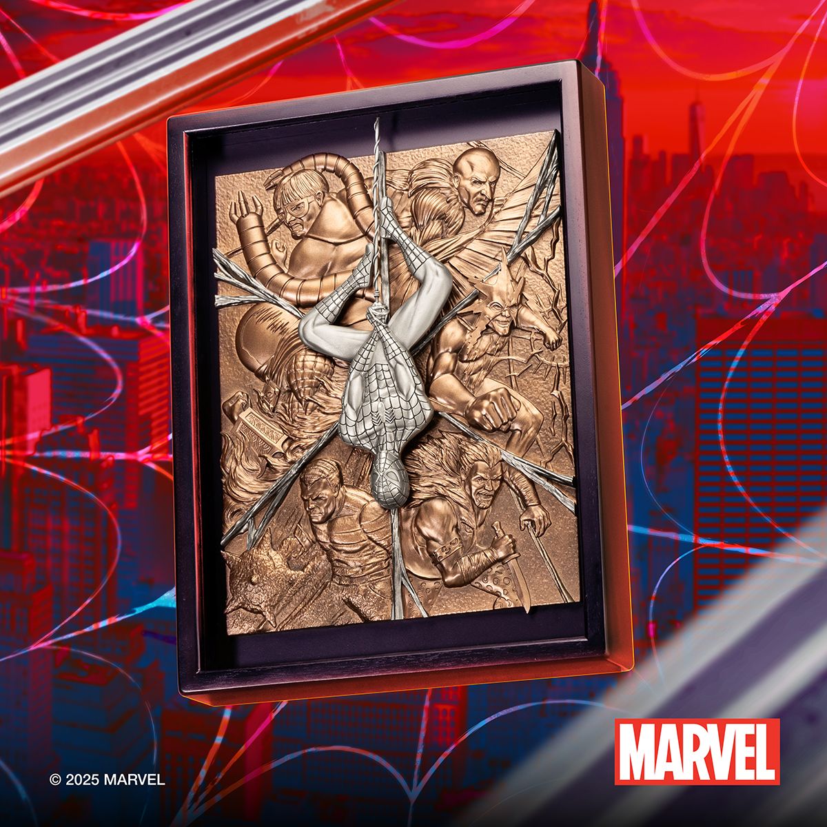 Spider-Man’s sculpted form seeming to leap forward while the villains remain ghostly and distorted. — Photo: Royal Selangor