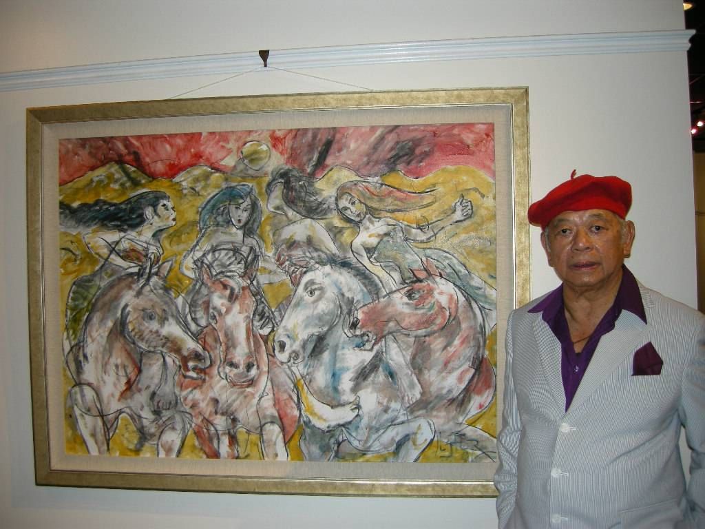Lee Joo For with his oil on canvas work 'Sarong Women On Horses' (1994) at his retrospective exhibition at the Penang State Art Gallery in 2008. Photo: The Star/Filepic 