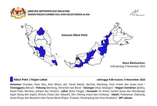 MetMalaysia warns of thunderstorms in several states until 9pm (Nov 9) 1 3613379