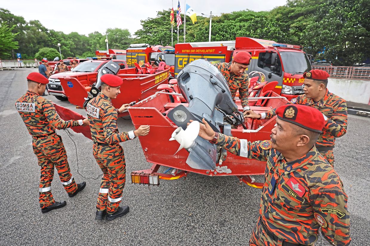Penang Fire and Rescue Department personnel inspecting assets in preparation for the northeast monsoon. 