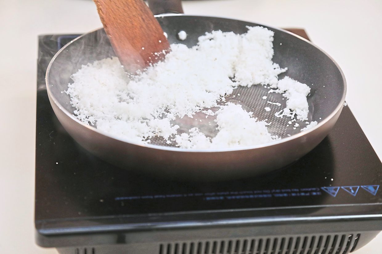 Toast the coconut until crispy and lightly golden.