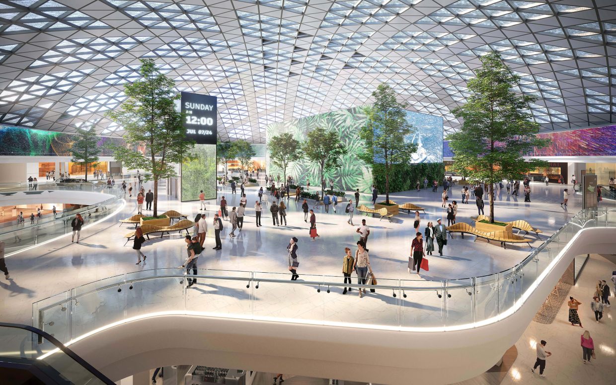The mall’s 88-metre dome bathes the interiors in natural light by day and transforms into a canopy of stars by night.