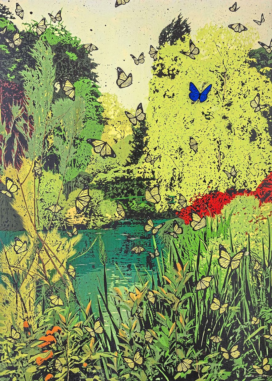 The Promised Garden II 213x152cm Acrylic, Bitumen, Silver & Gold Leaf on Jute 2025 Najib Bamadhaj.