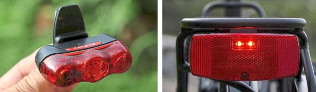 This performance light uses only one AA battery. It has a long runtime and the casing is weather-sealed. (Right) A rack-mounted light powered by AA batteries.