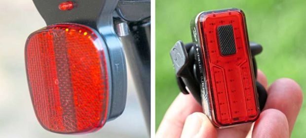 A saddlepost attached to the rear comes as a standard accessory with the bike. (Right) A thumb-sized rear light with a seatpost attachment.